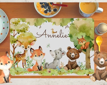 Placemat placemat with name children boy girl textile forest animals fox bear