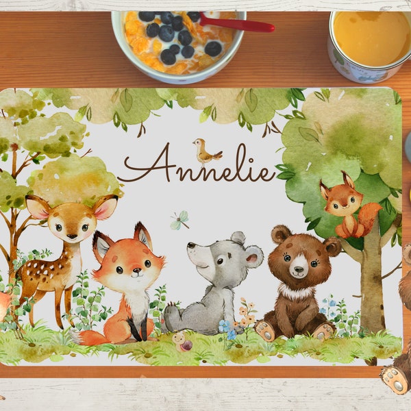 Set de table avec nom enfants garçon fille textile animaux de la forêt renard ours