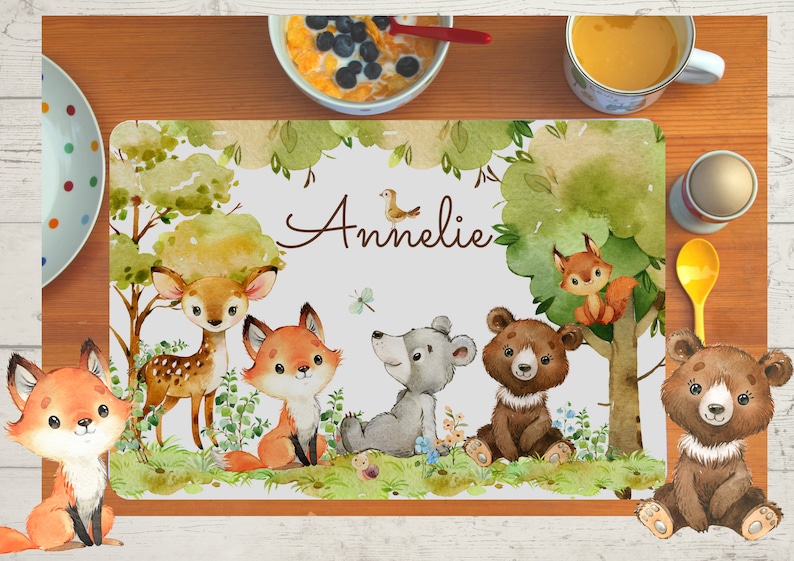 Tischset Platzset Platzdeckchen mit Name Kinder Junge Mädchen Textil Waldtiere Fuchs Bär Bild 1