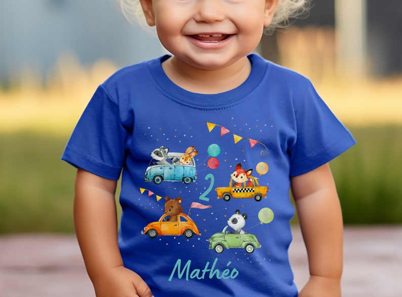 T-shirt anniversaire chemise personnalisé anniversaire enfant garçon fille pelle chargeuse sur pneus chantier véhicules renard forêt animaux blaireau ours image 1