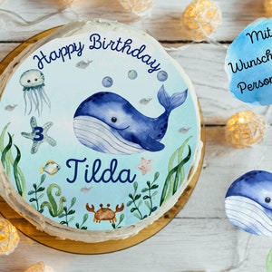 Whale cake topper – personalized fondant image with name & number – underwater birthday children – sugar image 20cm edible