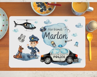 Placemat placemat met naam kinderen jongen meisje textiel politie politiehond politieauto helikopter