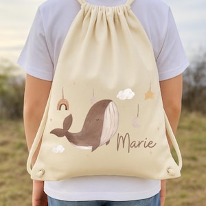 Sac de sport, sac de gym, sac en jute, sac en jute avec nom, sac pour changer de vêtements, arc-en-ciel baleine bohème personnalisé