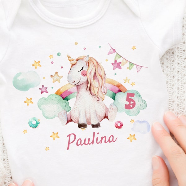 Imagen de planchado personalizada con el nombre deseado y la edad camisa de cumpleaños unicornio estrellas arco iris