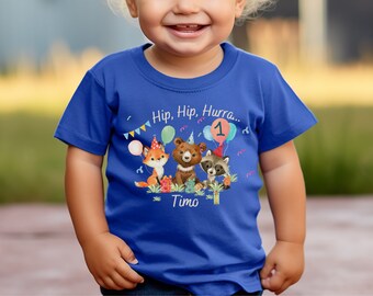 Personalized woodland animal birthday shirt – child's t-shirt with name & number – fox and bear – 1st birthday gift for boys and girls