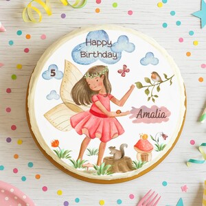 Personalized fairy cake topper – Fondant image for girls’ birthdays – Forest fairy party decoration – with name & number – Sugar image for cakes