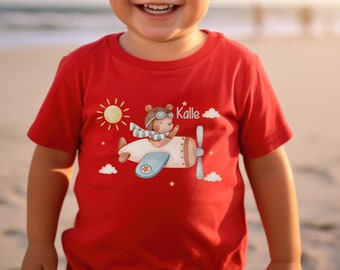 T-shirt à manches courtes personnalisé avec nom chemise pour enfants hélicoptère avion ours