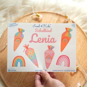 Sticker Schulkind 2025 personalisiert – Regenbogen Schultüte – Aufkleber zur Einschulung Mädchen – Name – Boho Pastell Watercolor