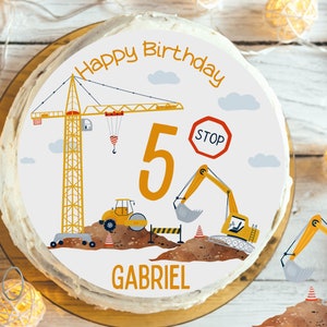 Cake topper fondant birthday child sugar picture boy girl wheel loader excavator construction site crane