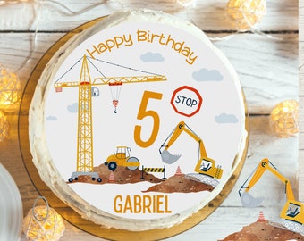 Cake topper fondant birthday child sugar picture boy girl wheel loader excavator construction site crane