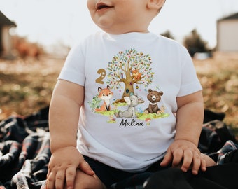 T-Shirt Geburtstagsshirt personalisiert  Geburtstagskind Junge Mädchen Waldtiere Bär Reh Fuchs