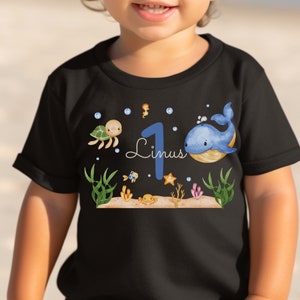Verjaardagsshirt walvis met naam en nummer – gepersonaliseerd T-shirt kinderen zeemotief – schildpad onderwater jongen meisje 1-7 jaar