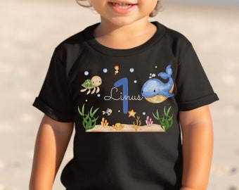 T-Shirt Anniversaire Chemise Anniversaire Personnalisé Enfant Garçon Fille Baleine Maritime Tortue De Mer Poisson Sous-Marin