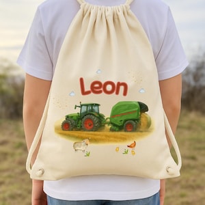Sac de sport tracteur avec presse à balles – personnalisé avec nom – sac de sport pour enfants – cadeau de rentrée scolaire – motif ferme