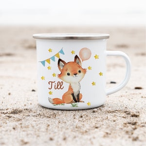 Enamel mug with name personalized forest animals fox deer
