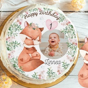 Cake topper with photo – fondant picture fox mom & baby – personalized with name and age – birthday children