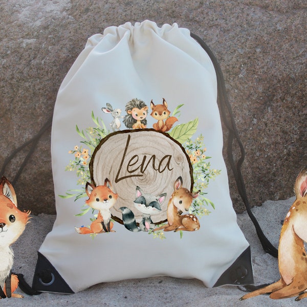 Sports bag gym bag with name personalized forest animals fox deer rabbit