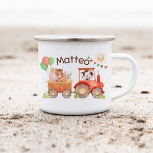 Enamel mug with name – Tractor & Animals – Mug for children – Farm motif – Gift for kindergarten boy