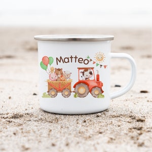 Enamel cup enamel cup personalized with name tractor tractor farm farm animals pennant