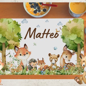 Set de table avec nom enfants garçon fille textile animaux de la forêt renard ours