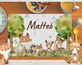 Placemat placemat with name children boy girl textile forest animals fox bear