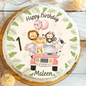Personalized Safari Animals Cake Topper – Fondant Sugar Image with Name & Age – Jungle Birthday Girl – Pink Safari Car Ø 20cm