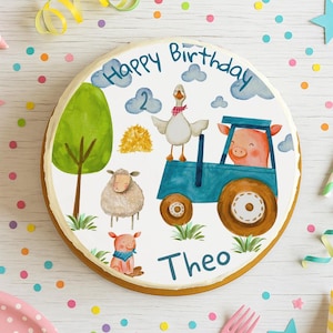 Blue tractor cake topper – personalized with name & age – farm animals – edible – Ø20cm – fondant image birthday boy
