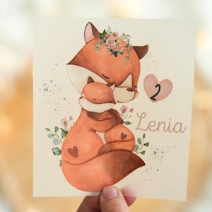 Imagen termoadhesiva de mamá zorro y bebé – personalizada con nombre y número – camiseta de cumpleaños para niña – motivo termoadhesivo de animales del bosque A4 o A5