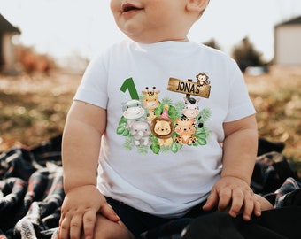 T-Shirt Verjaardag Shirt Gepersonaliseerde Verjaardag Kind Jongen Meisje Jungle Dieren Safari Giraffe Zebra Leeuw Wild One
