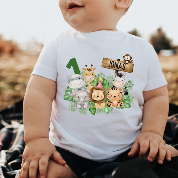 T-Shirt Geburtstagsshirt personalisiert  Geburtstagskind Junge Mädchen Dschungeltiere Safari Giraffe Zebra Löwe Wild One