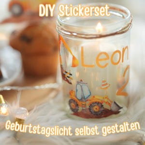 Sticker Set Baustelle – Geburtstagslicht selbst gestalten – Aufkleber mit Zahl – Bagger Kipplaster Deko – DIY Kindergeburtstag Windlicht