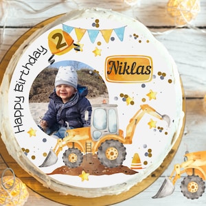 Cake topper with photo fondant birthday child sugar image girl boy construction site construction worker construction site vehicles wheel loader excavator