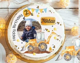 Cake topper with photo fondant birthday child sugar image girl boy construction site construction worker construction site vehicles wheel loader excavator