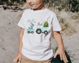T-shirt verjaardag shirt gepersonaliseerde verjaardag kind jongen meisje tractor tractor boerderij boerderijdieren turquoise