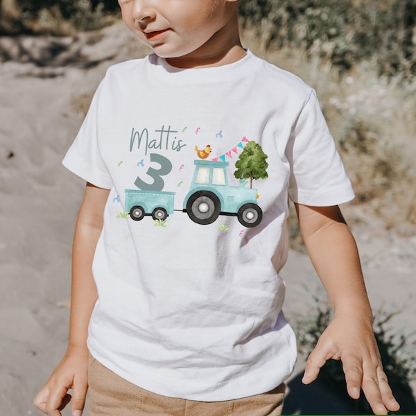T-Shirt Geburtstagsshirt personalisiert  Geburtstagskind Junge Mädchen Traktor Trecker Bauernhof Bauernhoftiere türkis