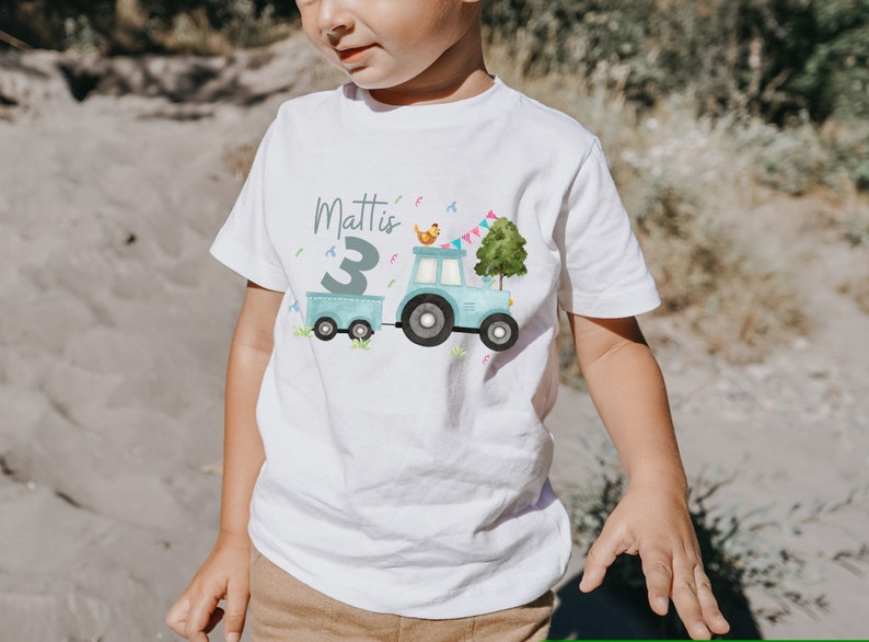 T-shirt chemise anniversaire personnalisé anniversaire enfant garçon fille tracteur tracteur ferme animaux de la ferme turquoise image 1