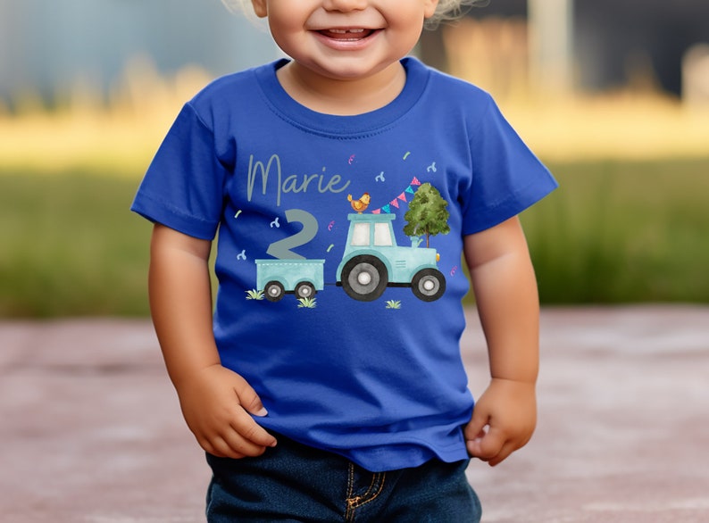 T-shirt chemise anniversaire personnalisé anniversaire enfant garçon fille tracteur tracteur ferme animaux de la ferme turquoise image 2