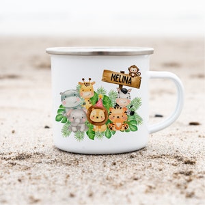 Emailletasse Emaillebecher mit Namen personalisiert Dschungel Löwe Elefant Tiger
