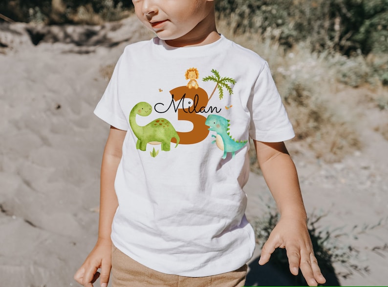 T-shirt compleanno camicia personalizzata compleanno bambino ragazzo ragazza Dino dinosauro immagine 1