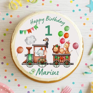 Decorazione per torta a forma di treno safari, personalizzabile con nome ed età, con immagini di animali in pasta di zucchero, per compleanni di bambini, maschi e femmine da 1 a 6 anni.