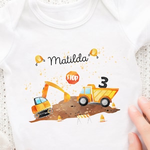 Iron-on picture personalized with desired name and age, excavator, wheel loader, construction worker, construction site