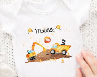 Iron-on picture personalized with desired name and age, excavator, wheel loader, construction worker, construction site