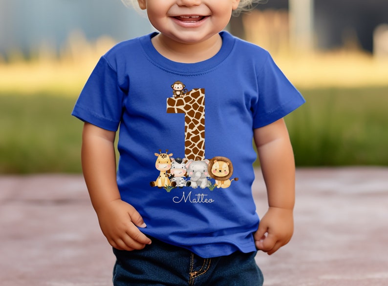 T-Shirt Anniversaire Chemise Personnalisé Anniversaire Enfant Garçon Fille Jungle Animaux Safari Girafe Zèbre Lion Wild One image 3