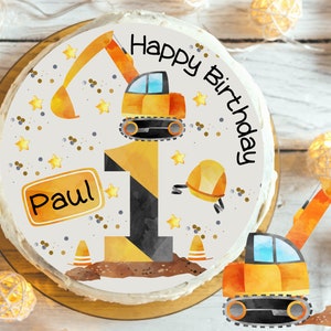 Cake topper fondant birthday child sugar picture boy girl wheel loader excavator construction site