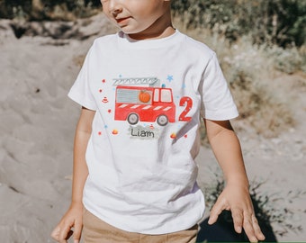 T-shirt compleanno camicia personalizzata compleanno bambino ragazzo ragazza vigili del fuoco veicoli di soccorso pompiere