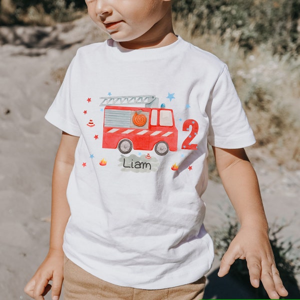 T-Shirt Geburtstagsshirt personalisiert  Geburtstagskind Junge Mädchen Feuerwehr Rettungsfahrzeuge Feuerwehrmann