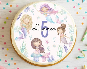 Topo de bolo sereia personalizado – imagem em açúcar com nome e número para bolo de aniversário de menina – decoração em pasta americana 20 cm