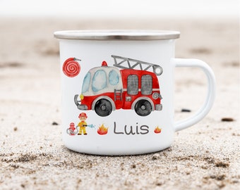 Enamel mug fire brigade with name – personalized children&#39;s mug for daycare – lightweight mug for fire brigade fans – enamel mug boy