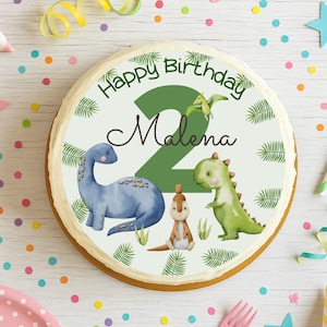 Decorazione per torta a forma di dinosauro con nome ed età – immagine personalizzata in pasta di zucchero Ø20cm – immagine di zucchero per compleanni dei bambini e feste a tema dinosauri