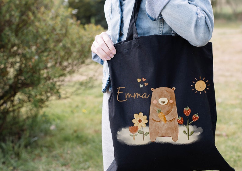 Sportbeutel Turnbeutel Jutebeutel Jutetasche mit Namen Beutel für Wechselwäsche personalisiert Boho Bär Sonne Waldtiere Bild 2